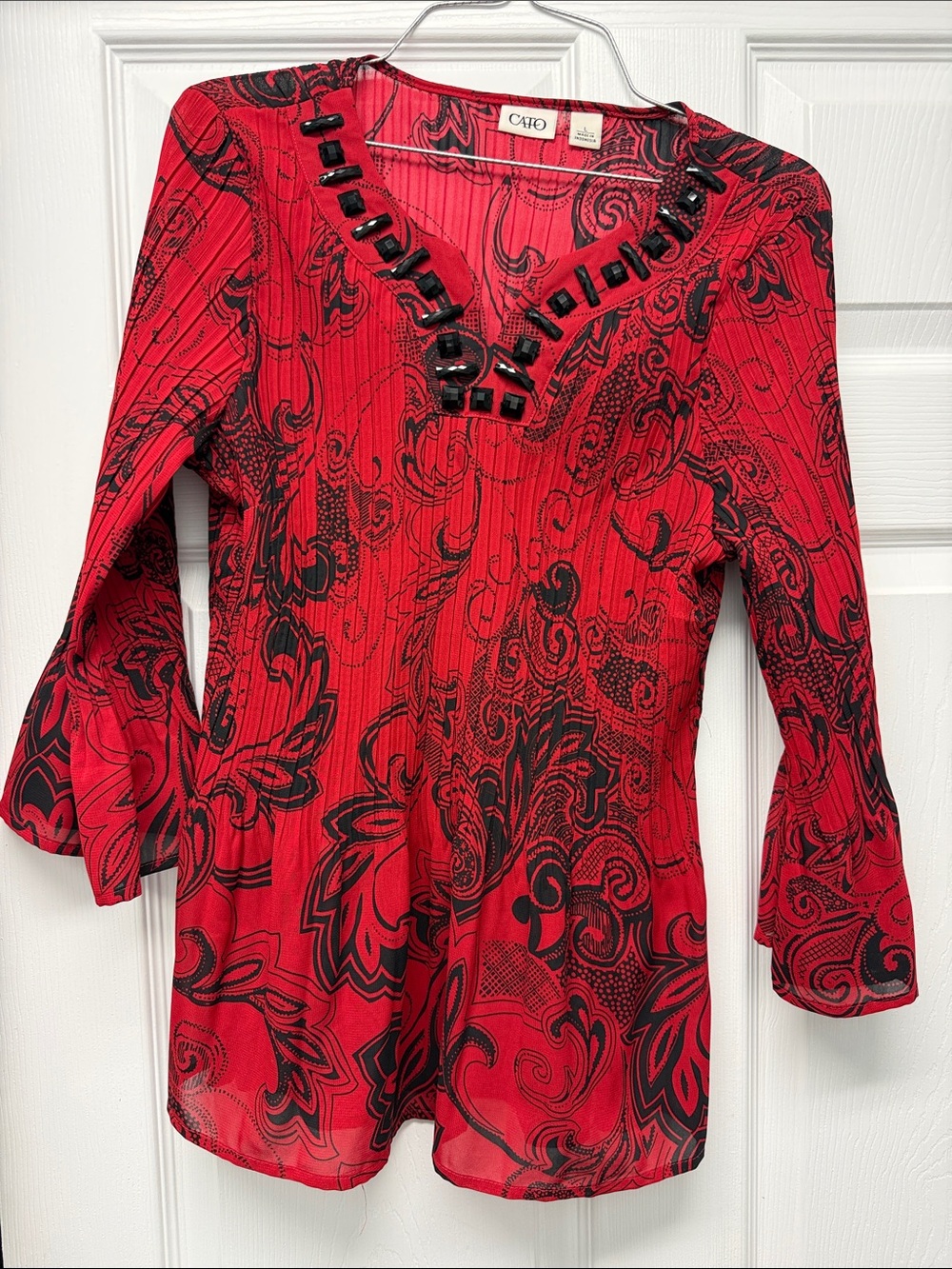 Cato Red & Black Embellished V-Neck Top